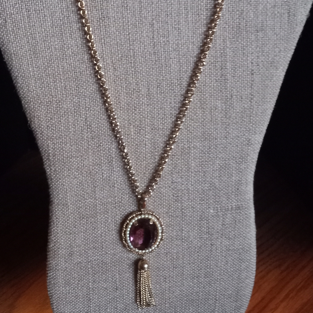 Vintage Gold Tone Facet Faux Amethyst Faux Pearl Tassel Pendant Necklace